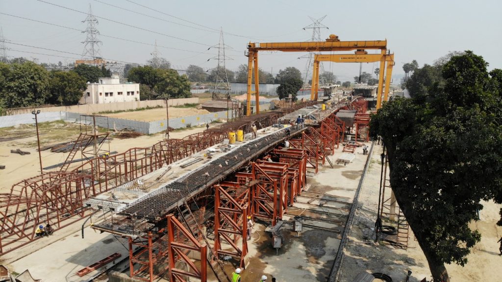 Gantry launching girders at an infrastructure site